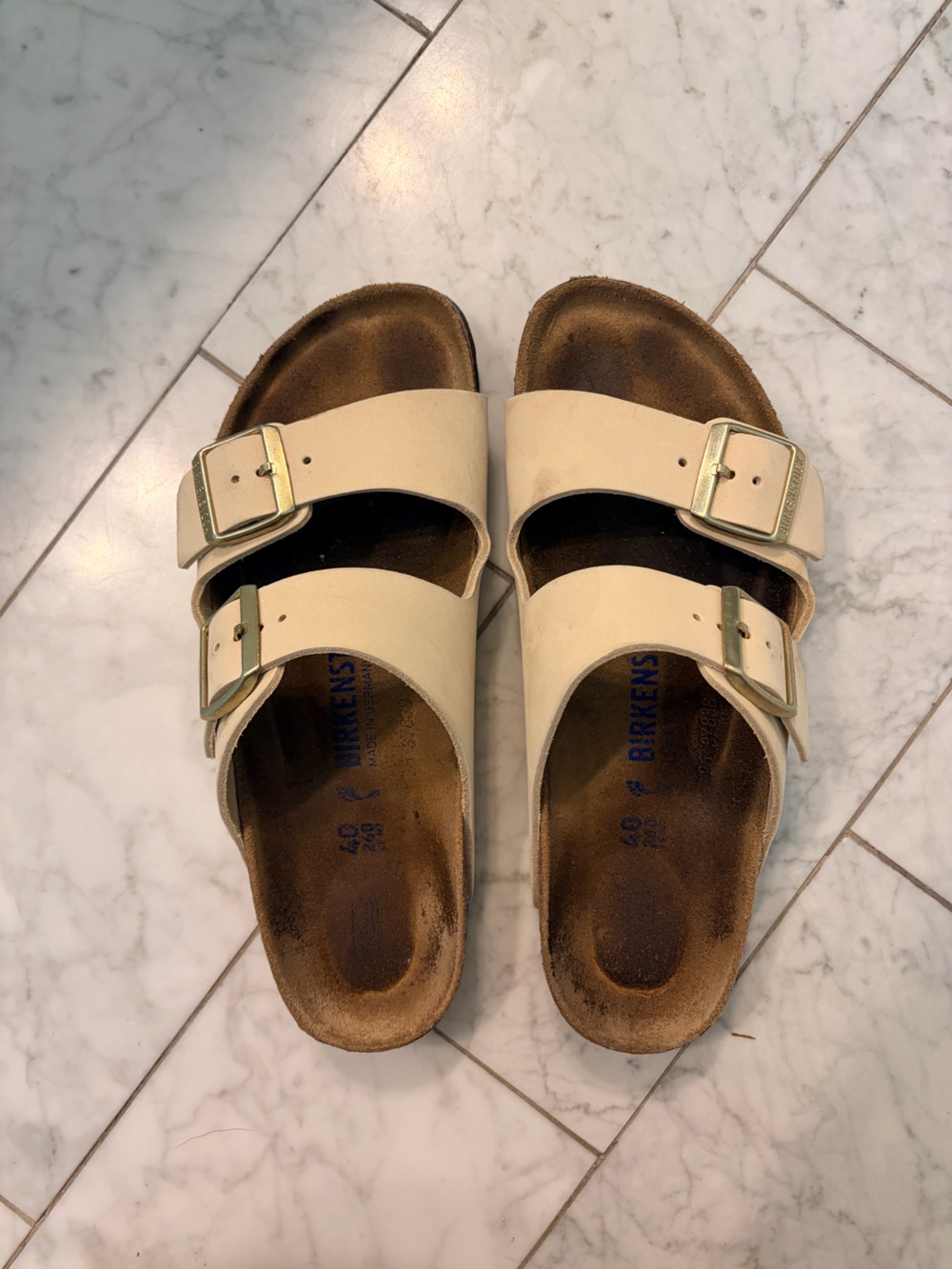 Birkenstock Arizona Sandals in Cream with Gold Buckles